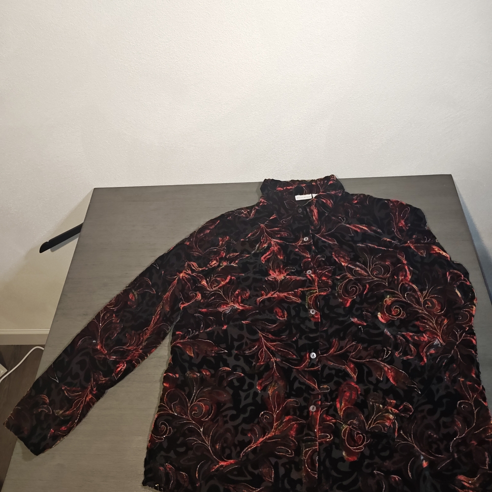 White Stag VintageWoman's Black Velvet Top with Red and Gold Floral Burnout,XL